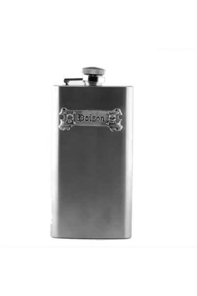 Black Silver Flask Says Poison Two Skulls Lettering — Stock Photo, Image