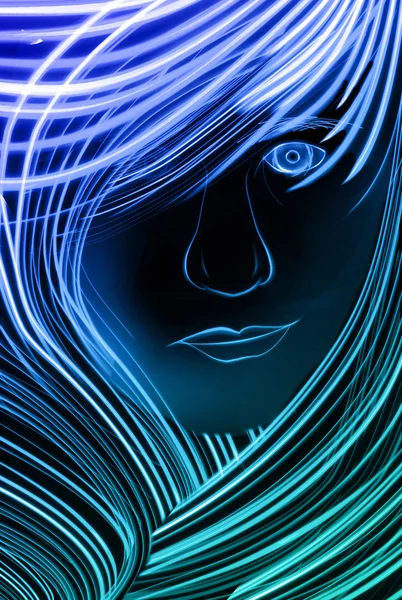 Kobieta Dużą Ilością Włosów Składa Się Niebieskimi Liniami — Zdjęcie stockowe