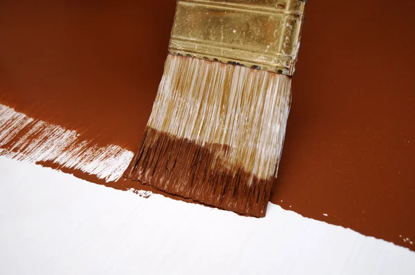Wet Brown Paint Being Painting Whire Surface Paint Brush — Stock Photo, Image