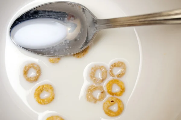 Eaten Breakfast Cereal Bowl Milk Spoon — Stock Photo, Image
