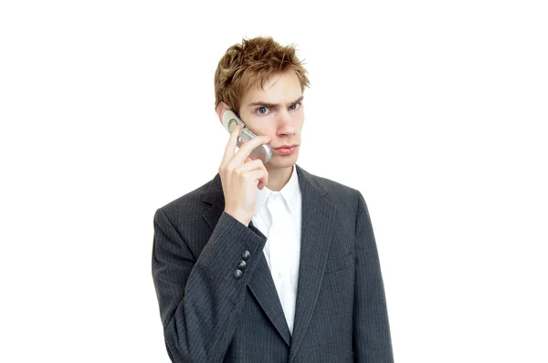 Young Businessman Talks Cell Phone Sort Confused Sad Impatient Look — Stock Photo, Image