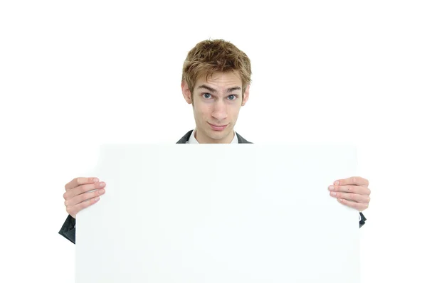 Young Businessman Holding White Cardboard Sign Copyspace — Stock Photo, Image