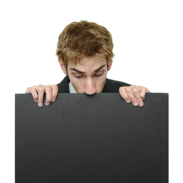 Jeune Homme Affaires Tenant Panneau Carton Noir Avec Espace Copie — Photo