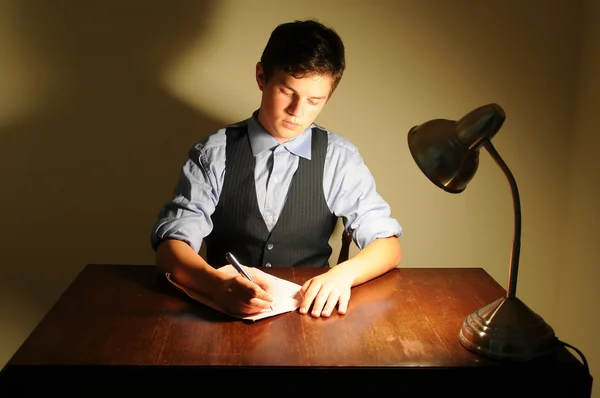 Young Adult Man Writing Letter Desk Lamp — Stock Photo, Image