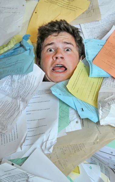 Young Male Student Overwhelmed Way Too Many Homework Assignments — Stock Photo, Image