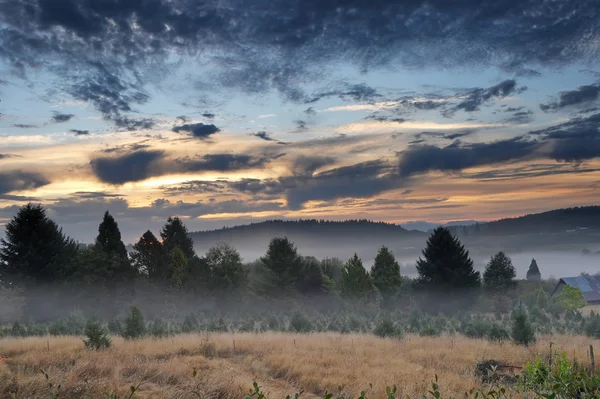 Egy Szép Reggel Táj Köd Napfelkeltét Hdr Drámai Felhők — Stock Fotó
