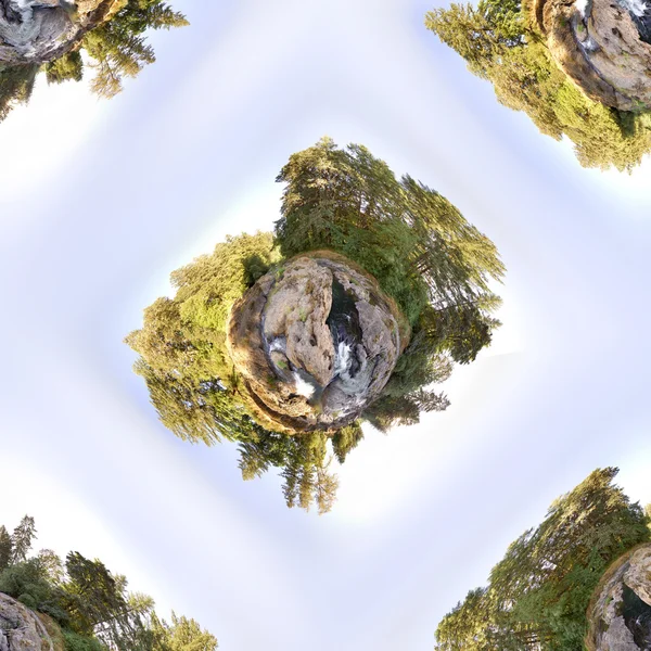 Little Tiny Planet Earhtly Rocky River Trees Sky Complete 360 — Stock Photo, Image