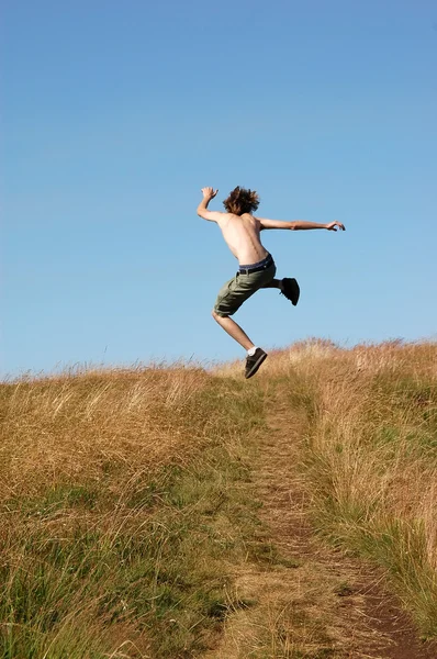 Young Man Dark Green Shorts Running Jumping Sky Joy — Stock Photo, Image