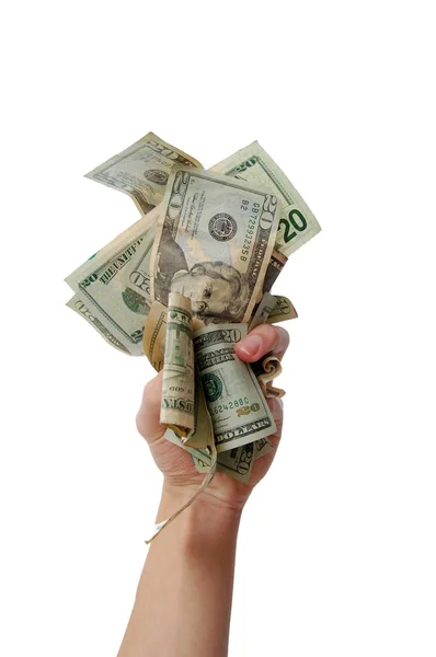 Eine Hand Die Ein Bündel Bargeld Auf Weißem Hintergrund Hält — Stockfoto