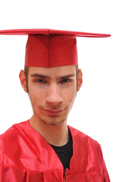 Smiling Graduate Student Red Cap Gown Isolated White Background — Stock Photo, Image