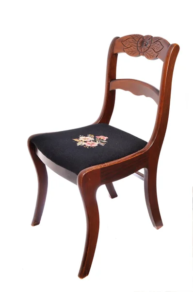 Brauner Stuhl Isoliert Auf Weißem Mit Blumenmuster Auf Sitz — Stockfoto