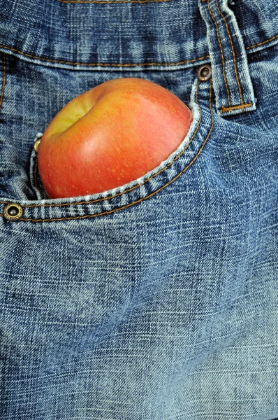 Close Abstract Front Blue Jeans Pocket Apple — Stock Photo, Image