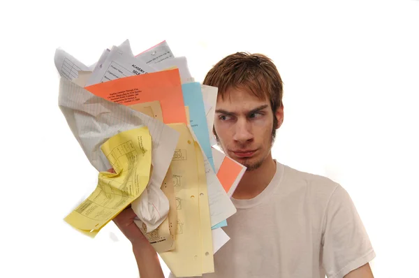 Angry Young Man Ripping Holding Overload Paperwork Nothing Copyrighting Contained — Stock Photo, Image