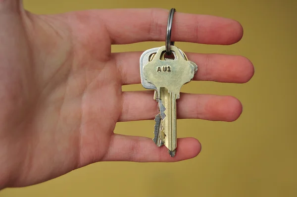 Hand Holding Keys Yellow Background — Stock Photo, Image