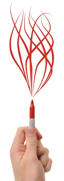 Een Hand Met Een Rode Pen Marker Met Vlammen Uit — Stockfoto