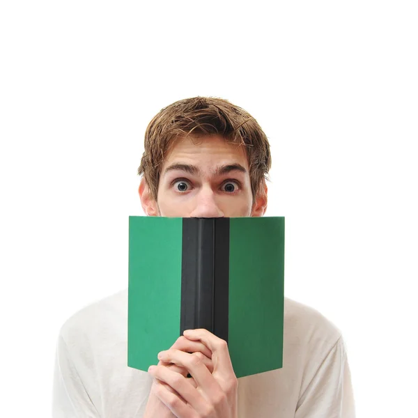 Giovane Adulto Avviso Con Libro Isolato Sfondo Bianco — Foto Stock