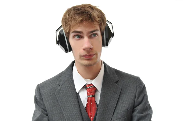 Earmuffs Young Businessman Sound Protection Workplace Isolated White Background — Stock Photo, Image