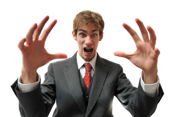 Frustrated Bsuinessman Suit Screaming Isolated White Background Hands Air — Stock Photo, Image