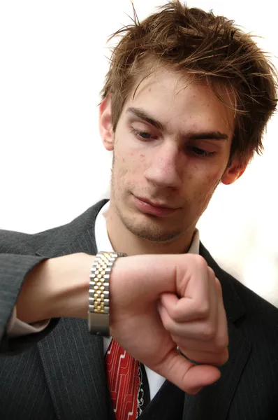 Attractive Young Businessman Suit Waits His Appointment Looks His Wrist — Stock Photo, Image