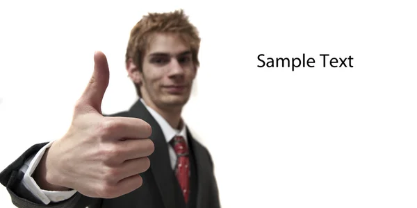 Man Thumbs Suit Sample Text Isolated White Background — Stok Foto