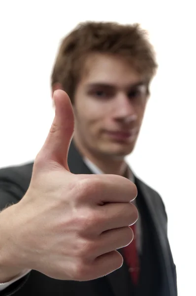 Man with thumbs up in suit with sample text — Stock Photo, Image