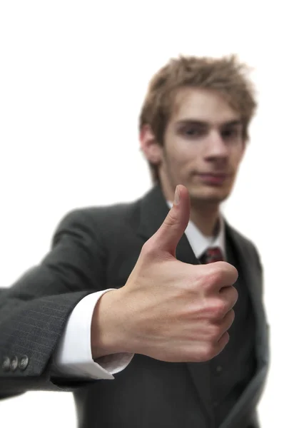 Man iith thumbs up in suit with sample text — Stock Photo, Image