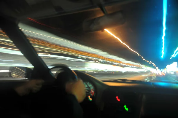 Interior Carro Com Uma Longa Exposição Para Demonstrar Velocidade Muito — Fotografia de Stock