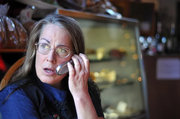 Middle Aged Woman Talking Cell Phone Restaurant Shop Blurred Bokeh — 스톡 사진