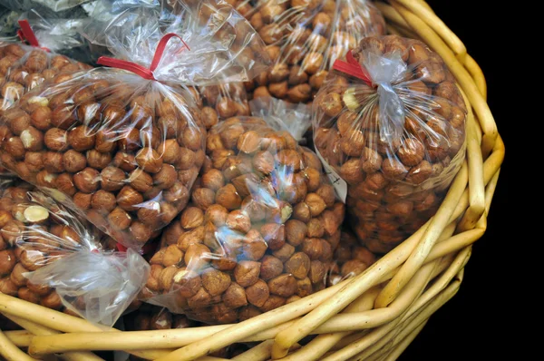 Hazelnut Filberts Packaged Clear Bags Gift Basket Isolated Black Background — Stock Photo, Image