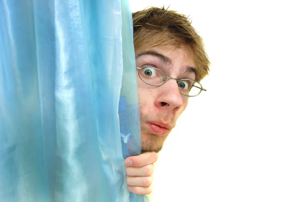 Peeking behind curtain — Stock Photo, Image