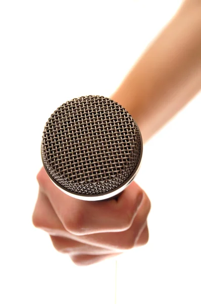 Hand Gripping Silver Microphone Isolated White Background — Stock Photo, Image