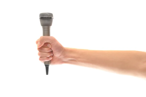 Hand and arm holding microphone isolated on white — Stock Photo, Image