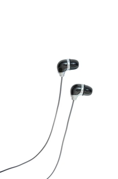Miniature Small Black Earphones Isolated White Background — Stock Photo, Image