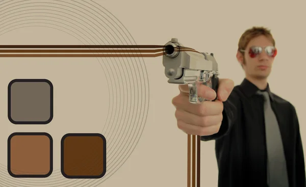レトロな 年代暴漢ギャング彼の銃器が保持しているイーグル男性と銃を突きつけて 背景を作る彼の周りの茶色のグラフィック デザイン パターン — ストック写真