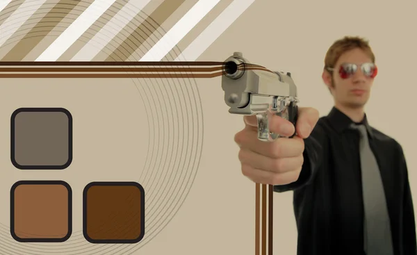 レトロな 年代暴漢ギャング彼の銃器が保持しているイーグル男性と銃を突きつけて 背景を作る彼の周りの茶色のグラフィック デザイン パターン — ストック写真