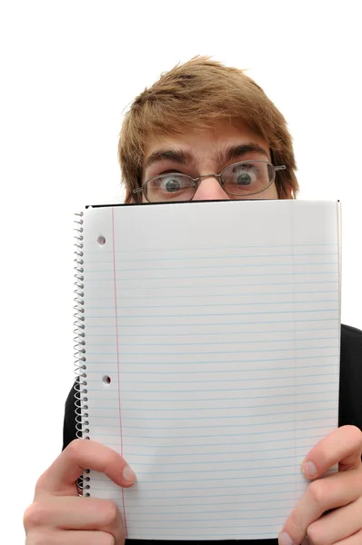 Student with glasses holding blank empty notebook — Stock Photo, Image