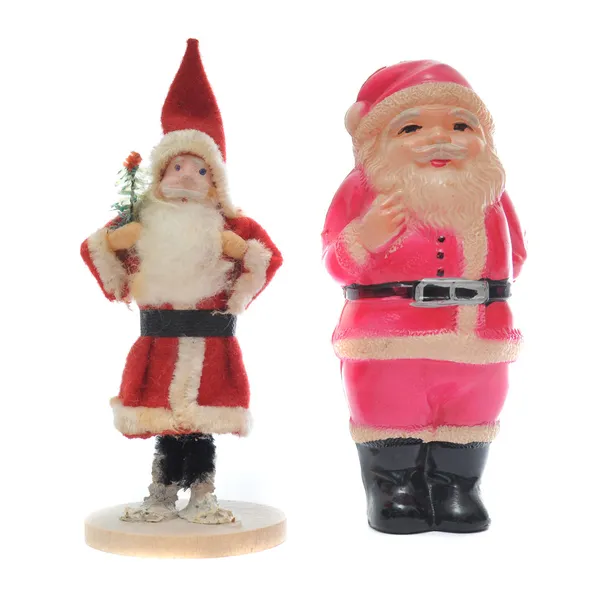 Две Старинные Статуэтки Санта Клауса Один Сделан Ткани Другой Пластика — стоковое фото