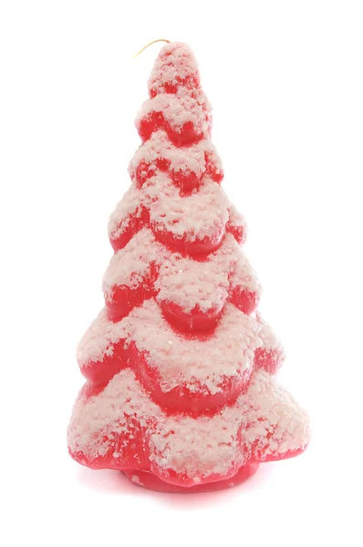 Red Pink Christmas Tree Flocked Snow Frost Wax Candle Isolated — Stock Photo, Image