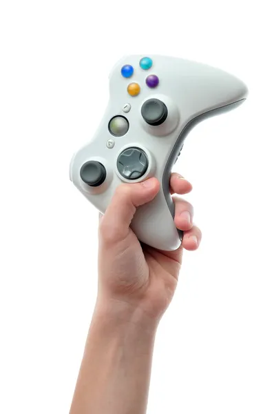 Mão Segurando Controlador Videogame Isolado Fundo Branco — Fotografia de Stock