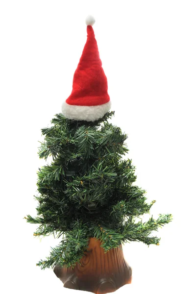 Рождественская елка в красной шляпе Санты — стоковое фото