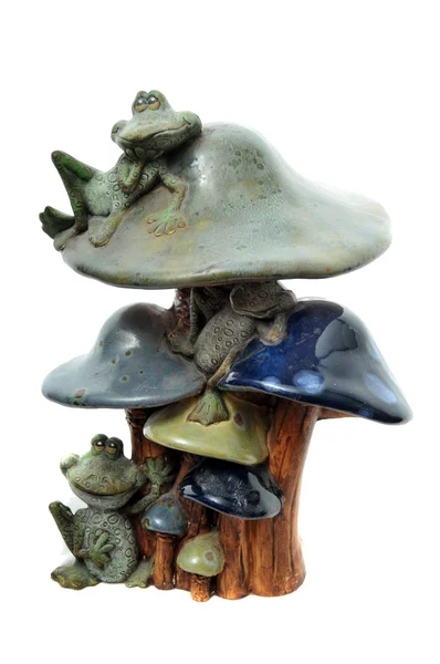 Clay Art Sculpture Frogs Resting Tall Mushrooms Isolated White Background — Stock Photo, Image