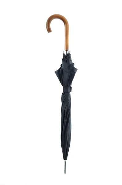 茶色の木製ハンドル付きの白い背景上に分離されて黒傘 — ストック写真