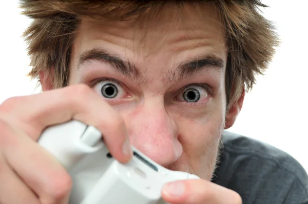 Ein Junger Teenager Spielt Videospiele Mit Einem Auf Weißem Hintergrund — Stockfoto