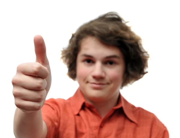 Młoda Nastolatka Trzyma Jego Kciuk Uśmiechem Jego Ręka Jest Centrum — Zdjęcie stockowe