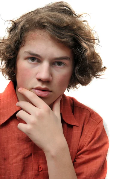 Mladé Dospělé Teenager Škrábe Bradu Hluboké Přemýšlení — Stock fotografie