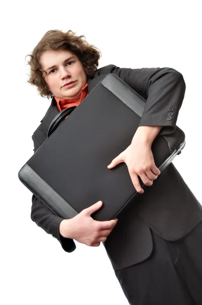 Young Adult Holding Briefcase His Chest Isolated White Background — Stock Photo, Image