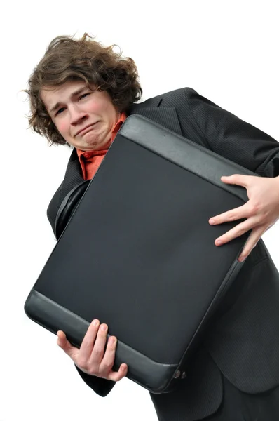 Ein Weinender Junger Erwachsener Geschäftsmann Hält Seine Aktentasche Dicht Vor — Stockfoto