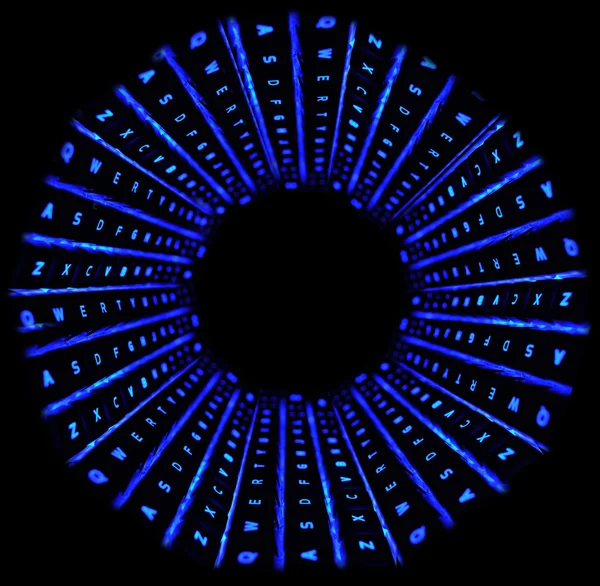 ブルーのバックライト付き熱烈な照らされたコンピュータ キーボードは円形の抽象的なイメージ 文字を繰り返す — ストック写真