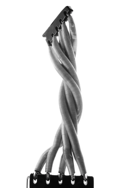 Упражнения Пружины Изолированы Белом Фоне Прикреплено Человеческой Ноге Руке Продемонстрировать — стоковое фото