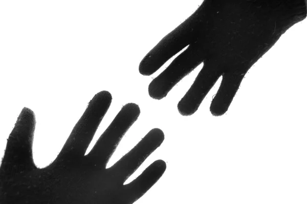 Duas Mãos Usando Luvas Pretas Alcançando Toque Cuidado — Fotografia de Stock
